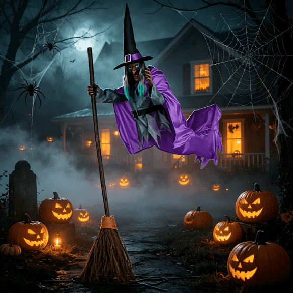 Witch Decorations Halloween 6 FT Scary Flying Witch Decorations Animatronics Halloween Props with Scary Sounds and Lights Decorations for Outside Indoor Garden Yard