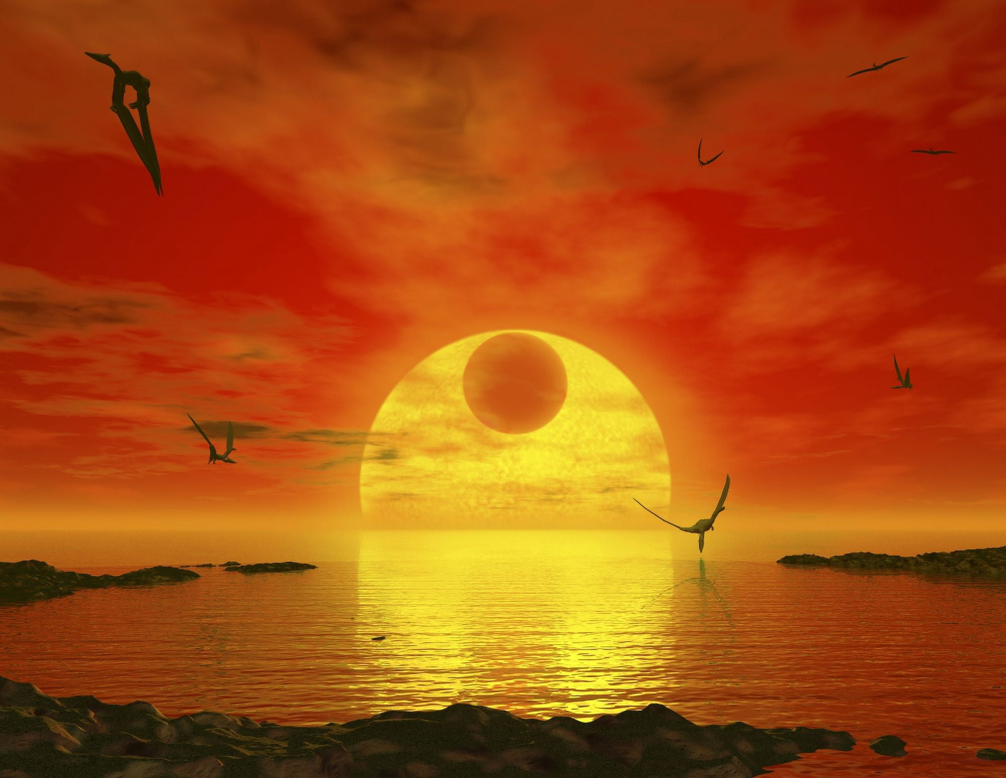 Flying life forms grace the crimson skies of the earth-like extrasolar planet Gliese 581 c Canvas Art - Walter MyersStocktrek Images (32 x 25)
