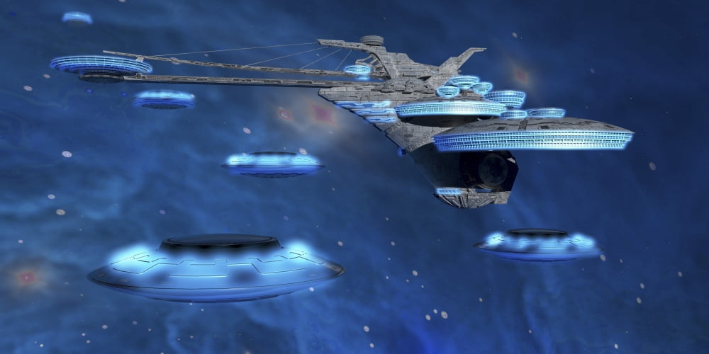 Flying saucers come back to a spaceport in space Canvas Art - Corey FordStocktrek Images (20 x 10)