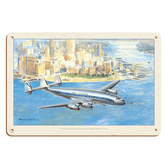 Flying to New York - Lockheed “Constellation” Plane - France - Vintage Airline Travel Poster c.1946 - 8 x 12 inch Vintage Wood Art Sign