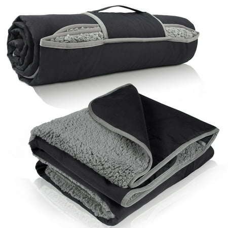 FlyingStar Waterproof Outdoor Blanket with Sherpa Lining, Windproof Triple Layers Warm Comfy Foldable for Camping Stadium,Sports,Picnic,Grass,Concerts,Pet 51''X 59'',Black/Grey