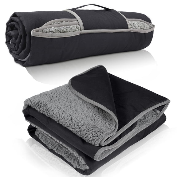 FlyingStar Waterproof Outdoor Blanket with Sherpa Lining, Windproof Triple Layers Warm Comfy Foldable for Camping Stadium,Sports,Picnic,Grass,Concerts,Pet  51''X 59'',Black/Grey
