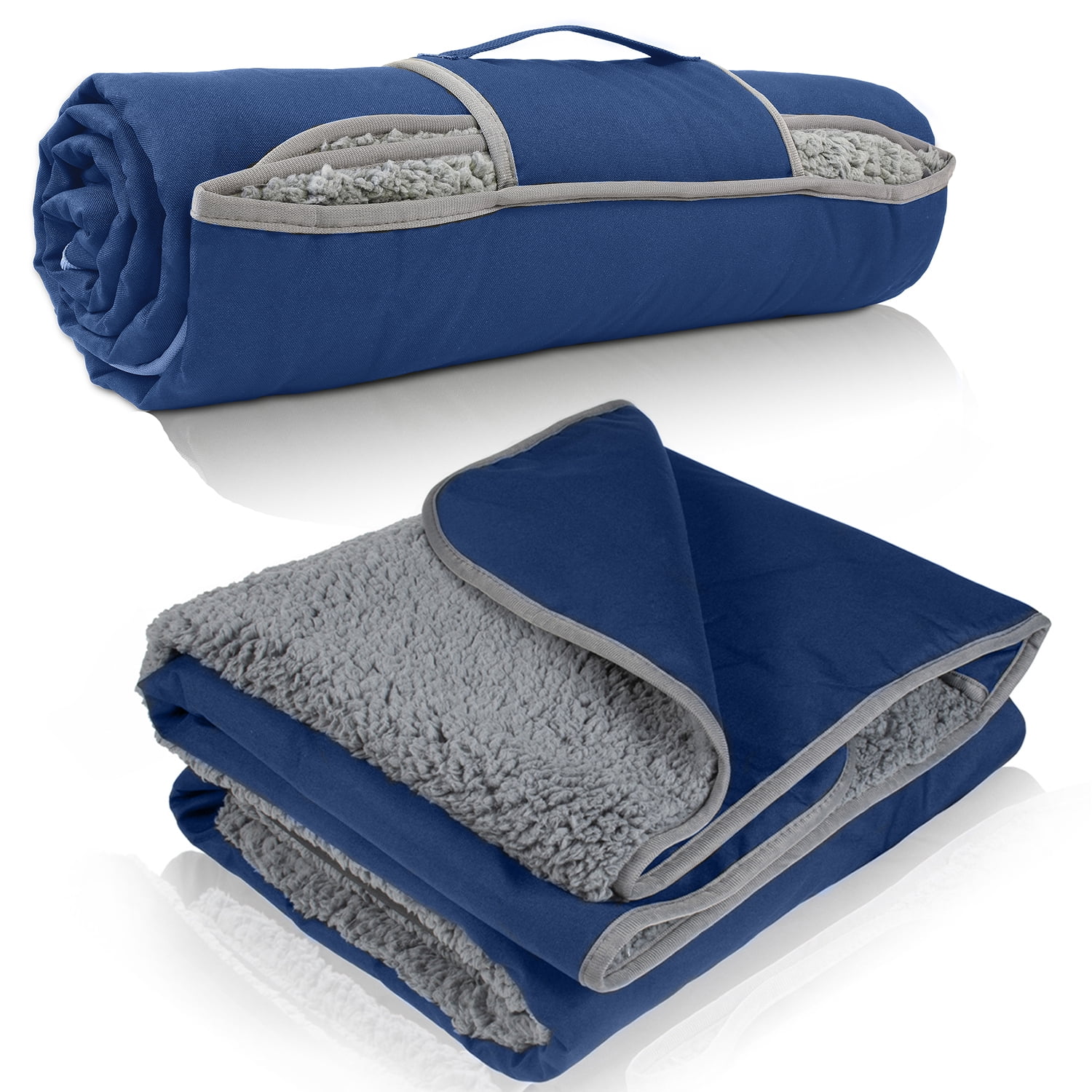 FlyingStar Waterproof Outdoor Blanket with Sherpa Lining, Windproof Triple Layers Warm Comfy Foldable for Camping Stadium, Sports, Picnic, Grass, Concerts and Pet, Red Plaid, Navy/Grey, 59''X 79''