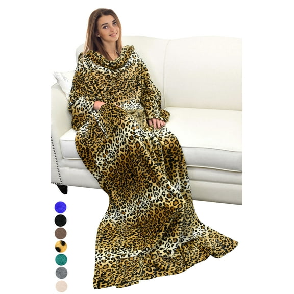 Flyingstar Blanket with Sleeves and Pocket, Wearable Throws Blanket, Robe for Women and Men 73” x 51” Cheetah