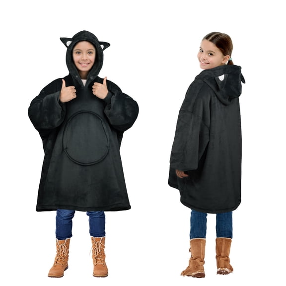 Flyingstar Cat Oversized Sherpa Hoodie Sweatshirt for Women, Pockets, Hooded, Black Cat