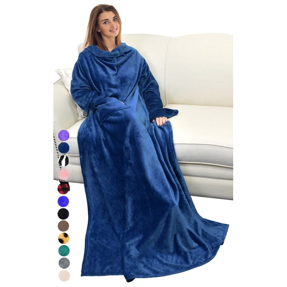 Flyingstar Wearable Blanket with Sleeves and Pocket, Fleece Micro Plush Throws Blanket, Robe for Women and Men 73” x 51” Navy