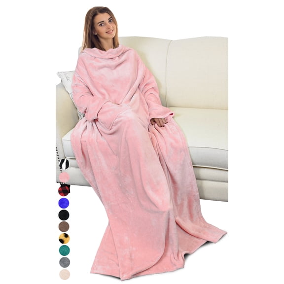 Flyingstar Wearable Blanket with Sleeves and Pocket, Fleece Micro Plush Throws Blanket, Robe for Women and Men 73” x 51” Pink