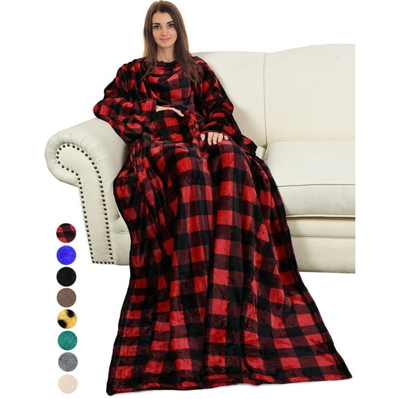 Flyingstar Wearable Blanket with Sleeves and Pocket, Fleece Micro Plush Throws Blanket, Robe for Women and Men 73ā x 51ā Plaid Red
