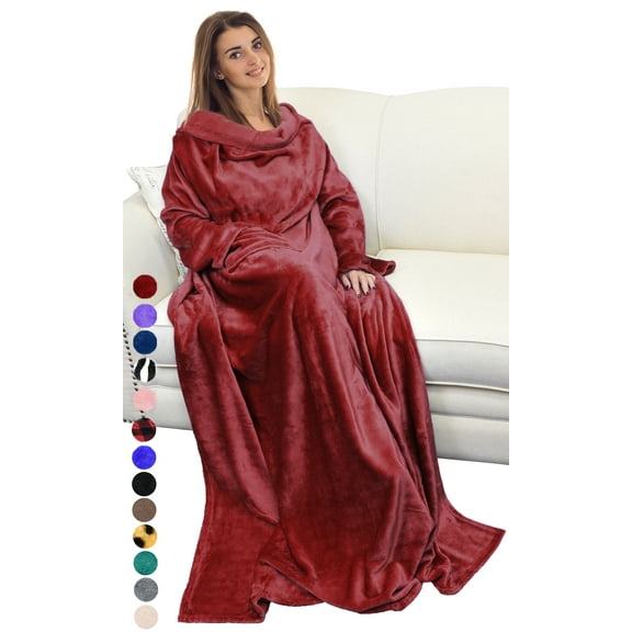 Flyingstar Wearable Blanket with Sleeves and Pocket, Fleece Micro Plush Throws Blanket, Robe for Women and Men 73” x 51” Wine