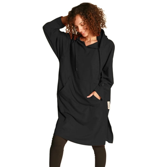 Flyingstar Woman Sweatshirt Dress, Casual Ladies Pullover, Juniors Hoodie Dress with Kangaroo Pocket, One Size, Black