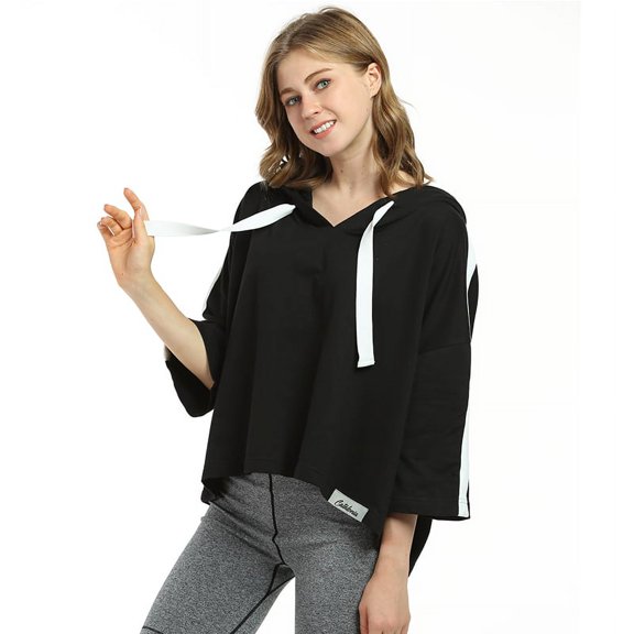 Flyingstar Women’s Casual Hoodie Sweatshirt, Solid Cropped Jumper Tops, 3/4 Sleeve Oversized