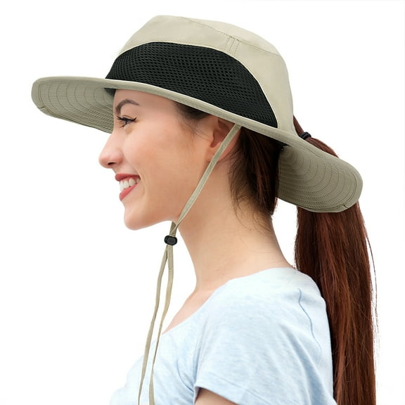 Flyingstar Women's Ponytail Sun Hat for Hiking, Gardening and Safari, Wide Brim Hat For Women with Breathable Mesh and Ponytail Hole Opening, Tan