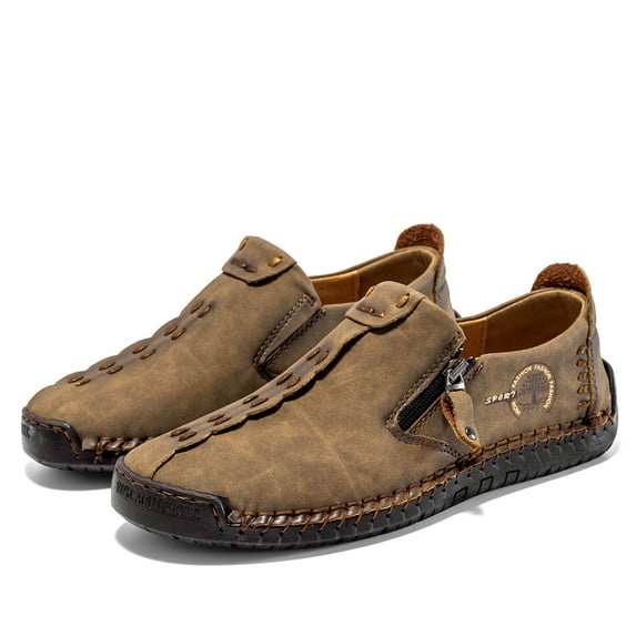 Flyland Men's Casual Leather Fashion Sneakers Handmade Lightweight Loafers Male Walking Driving Shoes Big Size Spring Autumn Hand-stitching Lace-Up Flats Moccasins For Men