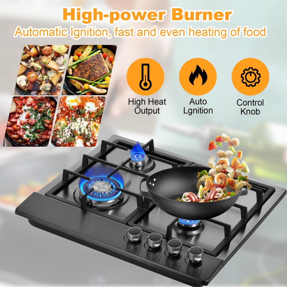 Flylapdo 110V 1.75kW Electric Ignition Propane Cooktop, Convertible Nozzles Stainless Steel 4 Burners Stove for Home and Commercial Kitchens