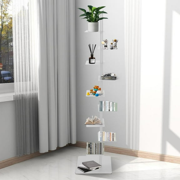 Flylapdo 9 Tier Wall Shelf Unit Narrow Smooth Laminate Finish - Vertical Column Utility Shelf Floating Storage Home Decor Organizer 15.4" x 6" x 66.9" (White)