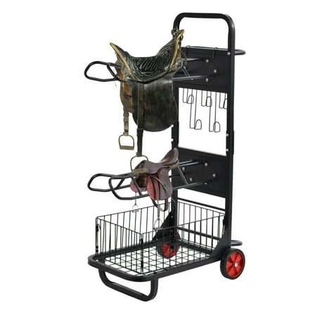 Flylapdo Stable Rolling Saddle Organizer, 48.6in Height Adjustable Saddle Rack with Bottom Basket & Anti-Shake Wheels for Tack Room & Trailers