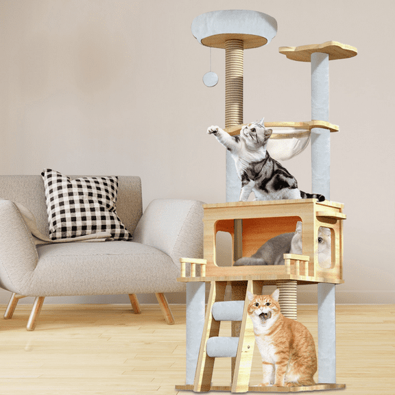 Flylapdo Stylish Wooden Cat Climbing Tree 57.8 Inch Height, Neutral Design 3-Level Cat Activity Tree, Scratch-Resistant Modern Sisal Condo Home Decor