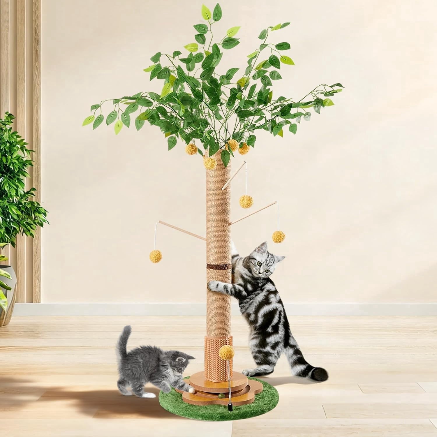 Flymer 45" Tall Cat Scratching Post with Sisal Rope for Indoor Cats Adults Kittens, Cat Tree Scratcher with Hanging Balls, Self Groomer, Track Balls