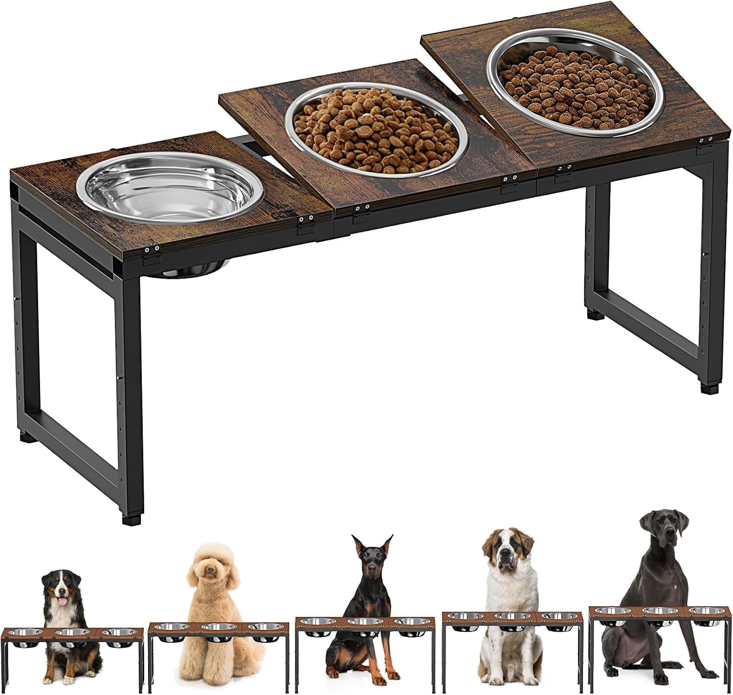 Flymer Adjustable Elevated Dog Bowls Stand for Large Dogs - 15'' to 20.5'' Height Triple Bowl Feeder with Wood Trays & Bowls (3500ML Capacity)