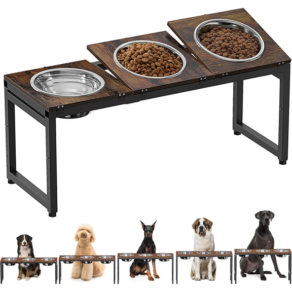 Flymer Adjustable Elevated Dog Bowls Stand for Large Dogs - 15'' to 20.5'' Height Triple Bowl Feeder with Wood Trays & Bowls (3500ML Capacity)