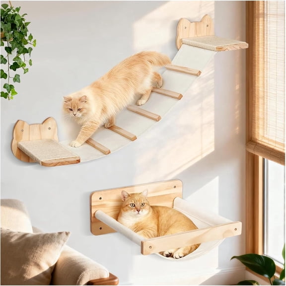 Flymer Cat Wall Shelves and Hammock Set, Cat Bridge Wall-Mounted with Climbing Steps and Sisal Roped Scratch Perch, Multi-Level Cats Walls Furniture Bed for Indoor Cats