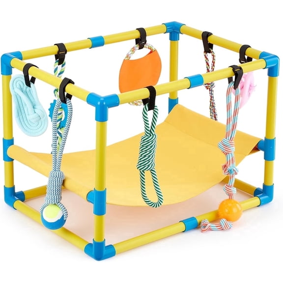Flymer Puppy Play Gym with 8 Hanging Toys, Jungle Playground Gym for Small Dogs, PVC Frame with Hammock and Funny Enrichment Toys (23x17x17in)