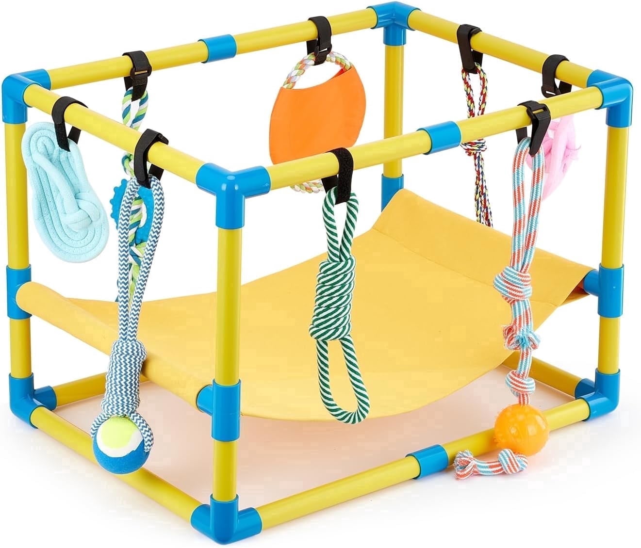 Flymer Puppy Play Gym with 8 Hanging Toys, Jungle Playground Gym for Small Dogs, PVC Frame with Hammock and Funny Enrichment Toys (23x17x17in)