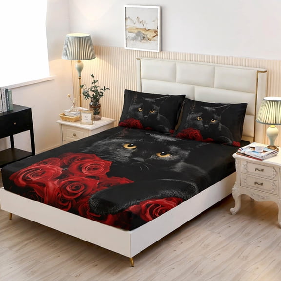 Flymme 2-Piece Fitted Sheet Set Twin Size,Black Cat & Red Rose Bed Sheet Set with Pillowcases, Soft Microfiber Cute Bedding,Deep Pocket Mattress Cover for Cat Lovers