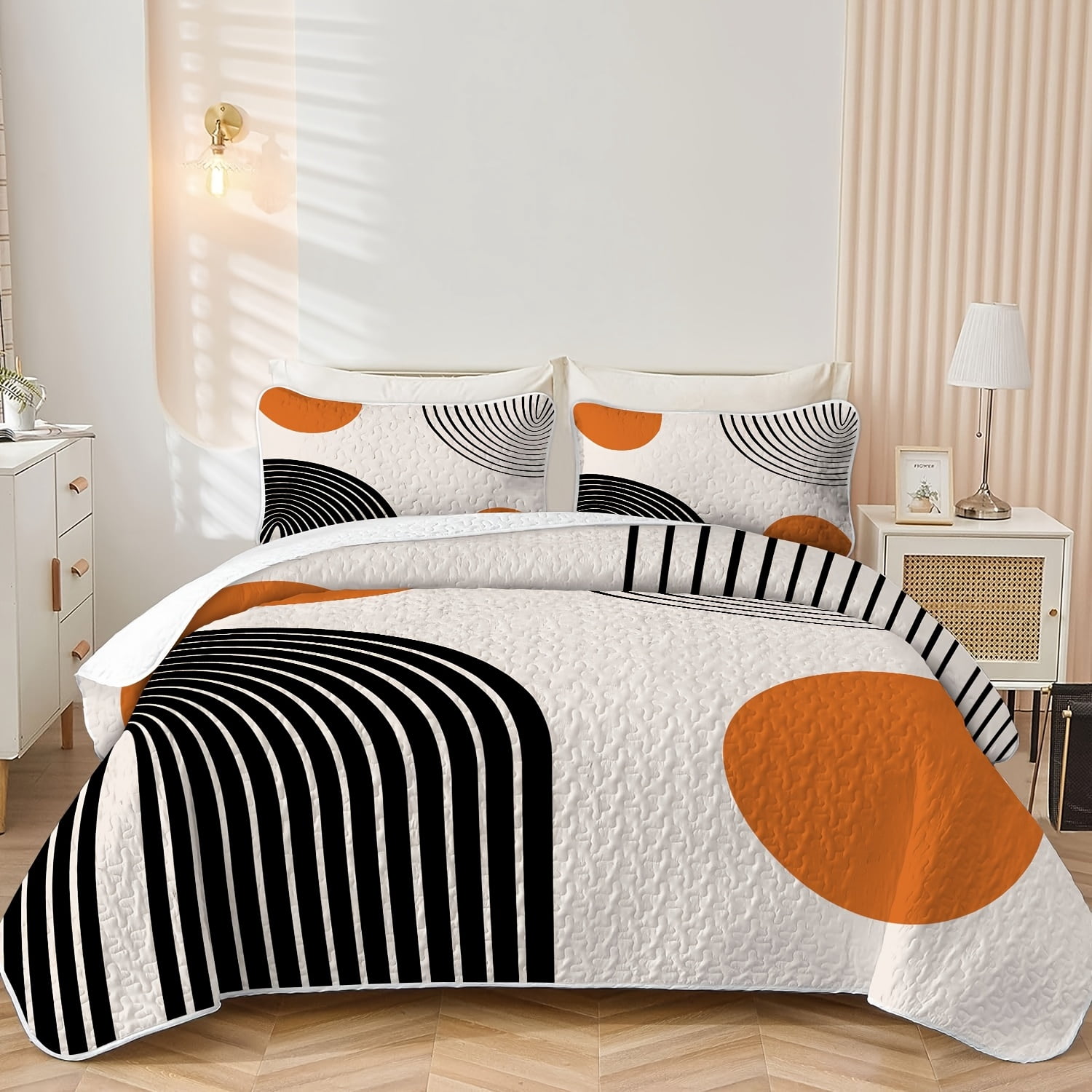 Flymme 3 Piece Boho Full/Queen Quilt Sets,Reversible Lightweight Bedspread Coverlet,Mid Century Orange Sun Geometric Bedding Quilts Set for All Season