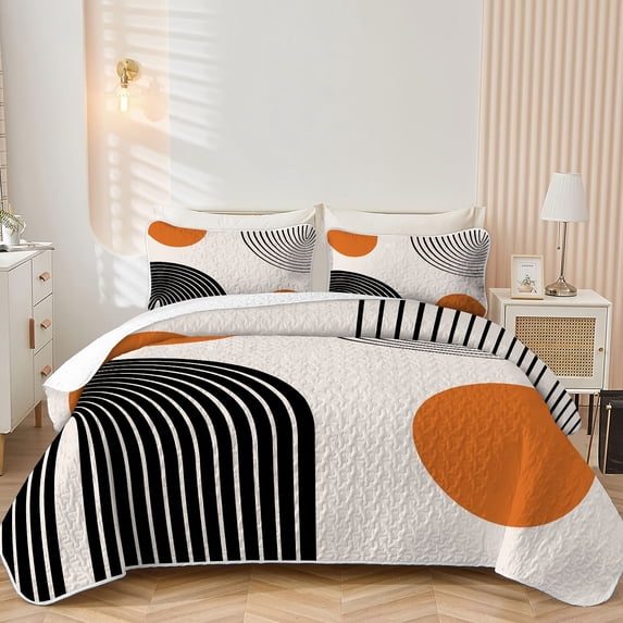 Flymme 3 Piece Boho Quilt Sets for King Bed,Abstract Geometric Bedspread Coverlet with Pillow Sham, Mid Century Orange Sun Pattern Bedding for Room Decor