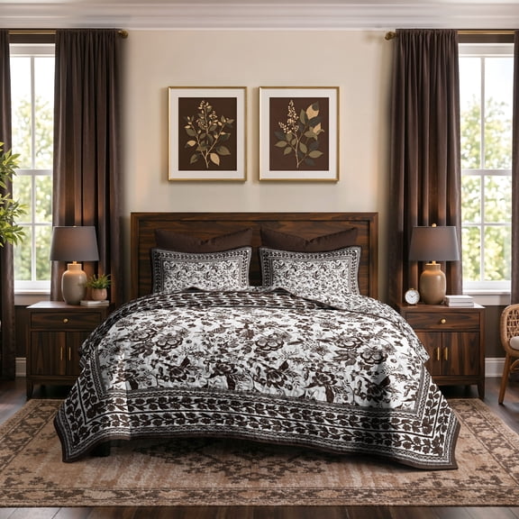 Flymme King Vintage Floral Bedspread Set,3-Piece Brown & White Quilted Lightweight Coverlet with Pillow Shams,Soft Microfiber Bedding for Bedroom