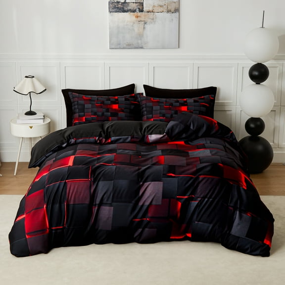 Flymme 3 Pieces Bedding Duvet Cover Set Queen Size Comforter Cover with Red Neon Light Pattern Modern Queen Duvet Cover Gift for Teen Men Bedroom Decor