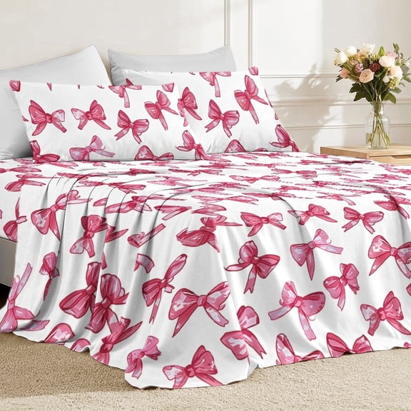 Flymme 4-Piece King Size Sheet Set, Leopard Print Bow with Heart Pattern Bedding, Soft Breathable Microfiber Bed Sheets with 18" Deep Pocket for Girls Women Bedroom Decor