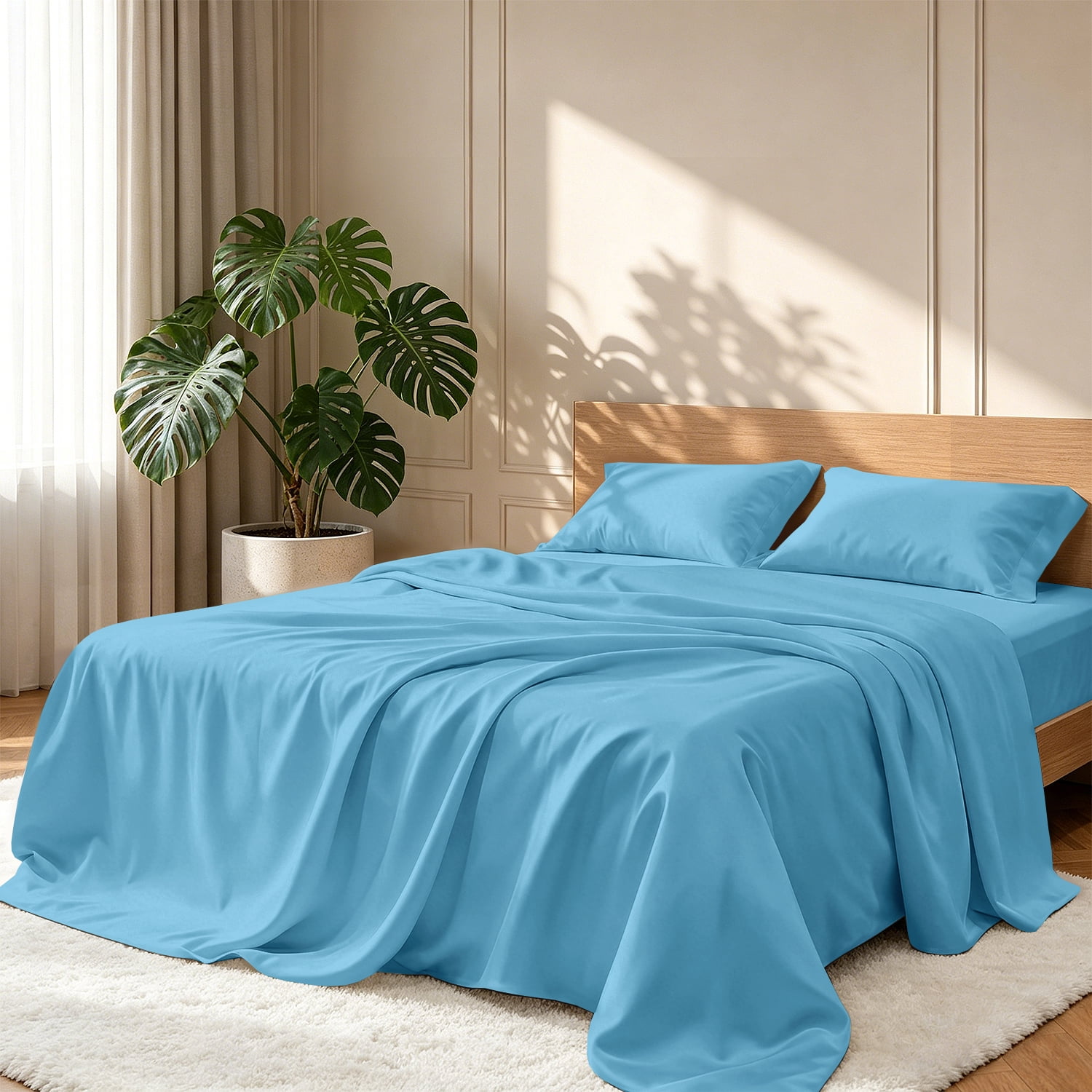 Flymme 4 Piece Queen Sheets Set Blue,Soft Microfiber Bedding,Hotel ...