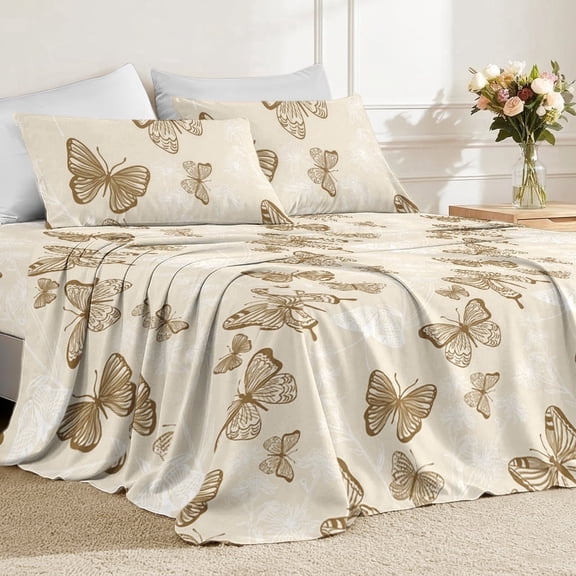 Flymme 4 Pieces Butterfly Sheet Sets Queen Size,Gold Floral Printed Bed Sheets with Deep Pocket Soft Microfiber Botanical Bedding for Women Men Bedroom