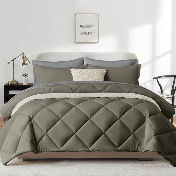 Flymme 7 Piece Full Size Bed in a Bag Olive Gray Comforter Set with Sheets Modern Quilted Diamond Bedding Sets Complete Full Bed Sets for All Season