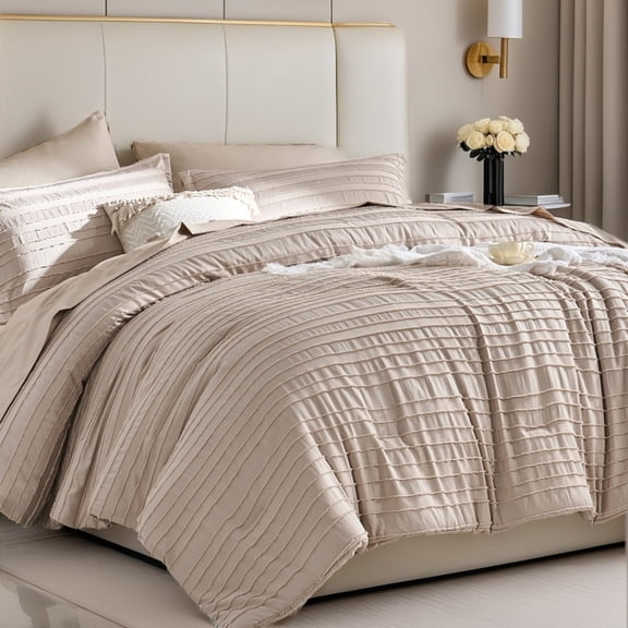 Flymme 7-Piece Khaki Comforter Set Queen Size Striped Bed in a Bag Boho Bedding Sets with Comforter, Sheets, Pillowcases & Shams