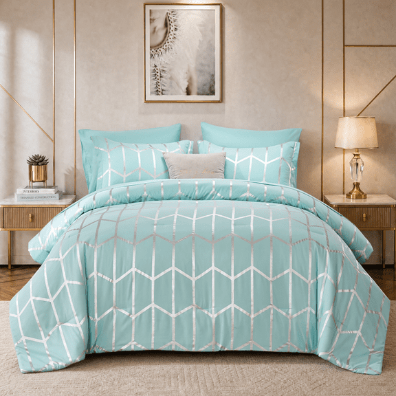 Flymme 7 Pieces Blue Comforter Set Queen Size Bed in a Bag Luxury Geometric Bedding Sets Modern Hexagon Pattern Soft Microfiber Bed Sets for Women Men
