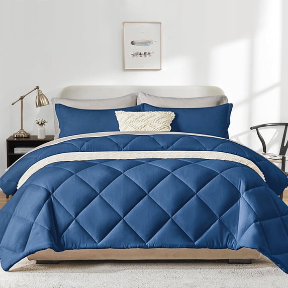 Flymme 7 Pieces Full Size Bed in a Bag Blue Comforter Set with Sheets Modern Quilted Diamond Bedding Sets Complete Full Bed Sets for Bedroom Decor