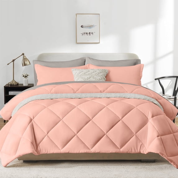 Flymme 7 Pieces Full Size Bed in a Bag Pink Comforter Set with Sheets Modern Quilted Diamond Bedding Sets Complete Full Bed Sets for Bedroom Decor