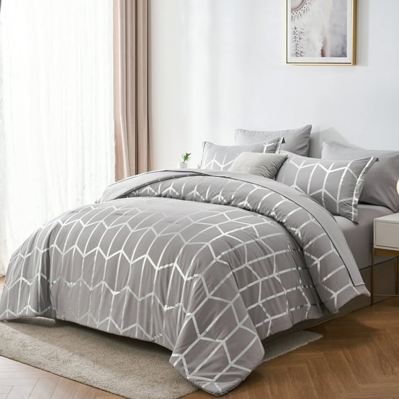 Flymme 7 Pieces Gray Comforter Set Queen Size Bed in a Bag Luxury Geometric Bedding Sets Modern Hexagon Pattern Soft Microfiber Bed Sets for Women Men