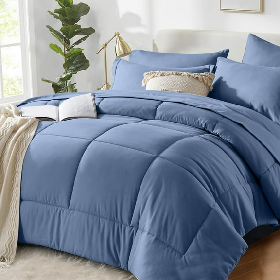 Flymme 7 Pieces King Size Comforter Sets Blue Bed in a Bag King Bed Set All Seasons Modern Lightweight Microfiber Blue Bedding Set for Bedroom