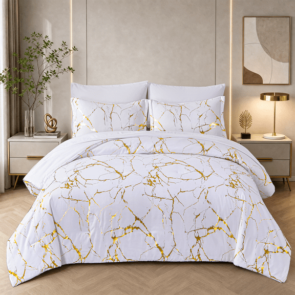Flymme 7 Pieces Marble Comforter Sets White Bed in a Bag Queen Size,Modern Luxury Gold Marble Texture Bed Set for Bedroom Complete Bedding Sets