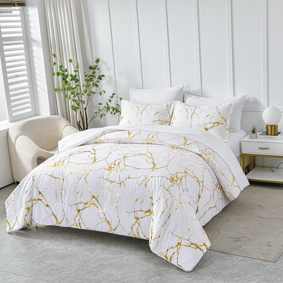 Flymme 7 Pieces Marble Comforter Sets White Bed in a Bag Queen Size,Modern Luxury Gold Marble Texture Bed Set for Bedroom Complete Bedding Sets