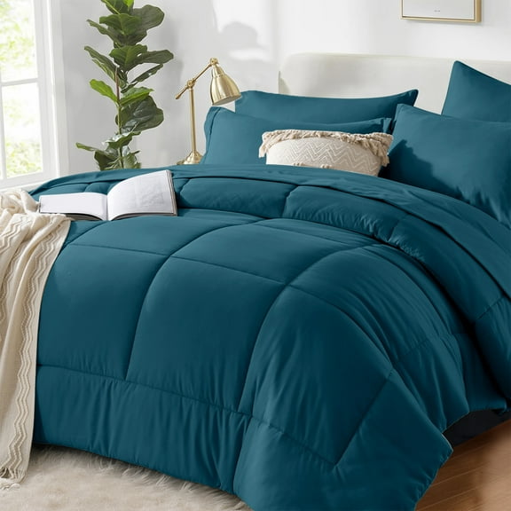 Flymme 7 Pieces Teal King Comforter Set ,Bed in a Bag King Bed Set Quilted Warm Complete Bedding Set with Flat/Fitted Sheet, 2 Pillowcases and 2 Pillow Shams