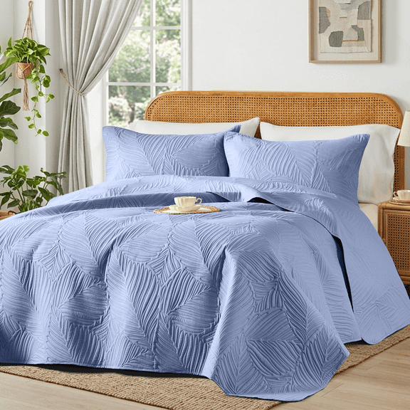 Flymme Bedspread for Queen Size Beds ,3 Piece Dusty Blue Soft Summer Lightweight Quilt Bedding Set with Pillow Sham,Boho Leaf Pattern Blanket Thin Comforter Bed Cover for All Season
