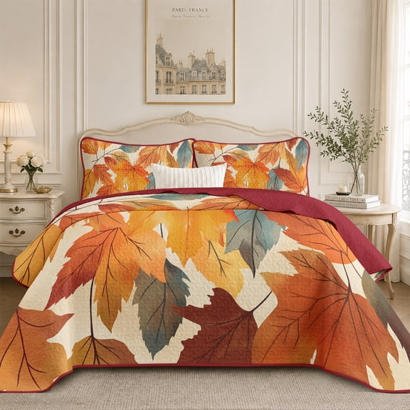 Flymme Bedspreads for Queen King Bed,3 Pieces Fall Maple Leaf Pattern Quilt Bedding Set All Seasons Soft Microfiber Reversible Coverlet for Bedroom Decor
