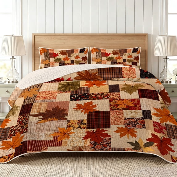 Davulos Bedspreads for Queen Size Bed,3 Pieces Fall Maple Leaf Pattern Quilt Set,Reversible Rustic Plaid Patch Autumn Coverlet Bedding Set for Bedroom Decor