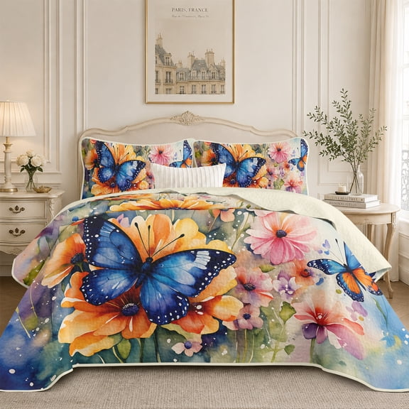 Flymme Bedspreads for Queen Size Bed,3-Piece Butterfly Floral Quilt Set with Pillow Shams,Lightweigh Reversible Coverlet Bedding for All Season