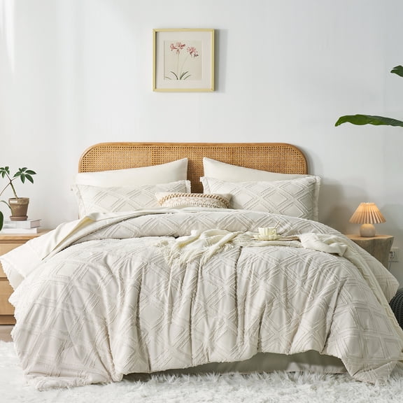 Flymme Beige Tufted Comforter Sets King Size 7 Pieces Bed in a Bag Boho Bedding Set Embroidery Shabby Chic Comforter Set with Sheets for Women Men